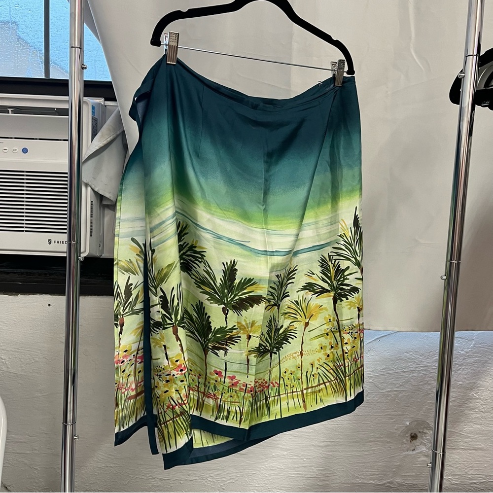 Vintage Silk Painterly Tropical Palm Tree Beach Dusk Wrap Skirt